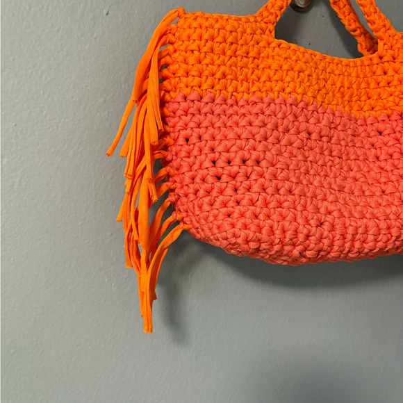 New Handwoven Crochet One of a Kind Orange and Coral Colorblock Tote Bag. - Picture 2 of 7